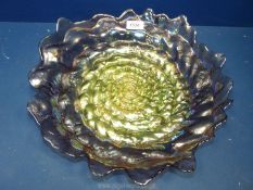 A large lustreware Bowl with swirl pattern and fluted edge, 15" diameter.