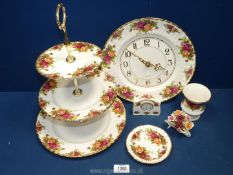 A Royal Albert Old Country Roses pattern three piece cake stand, clocks, posy, etc.