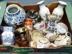 A quantity of oriental style ware including Famille Rose teacup, pair of vases,