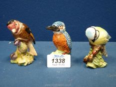 Three Beswick birds to include blue tit, goldfinch, and kingfisher, 3'' approx.