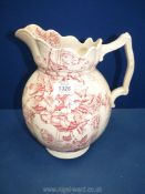 A cream and pink large wash jug, 12 1/2'' high.