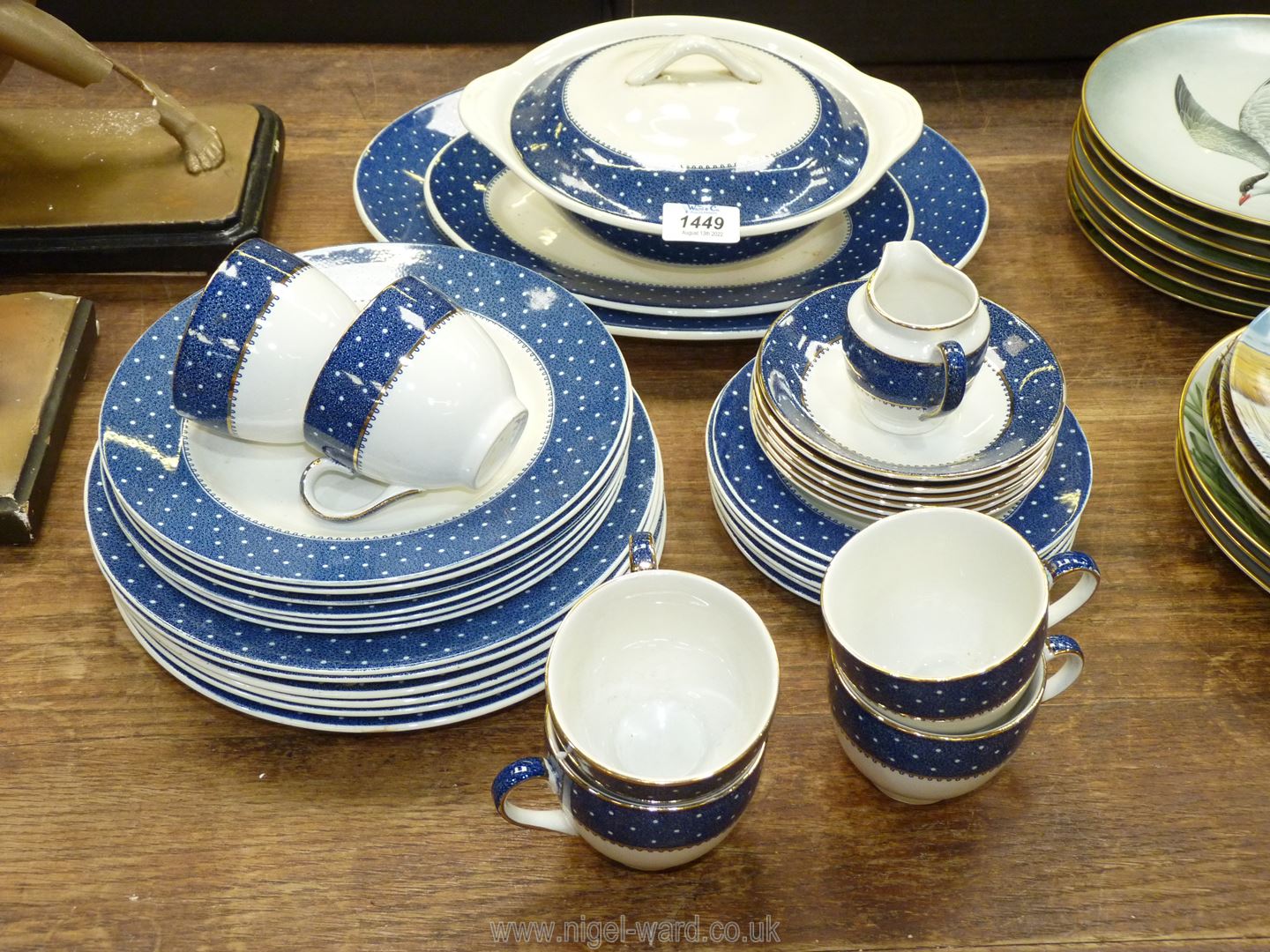 A Ridgeway 'Conway' part dinner and tea ware having blue polka dot border including 6 cups and
