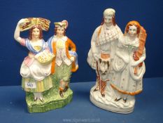 Two Staffordshire flatback figures including Couple in highland dress with bagpipes and Couple with