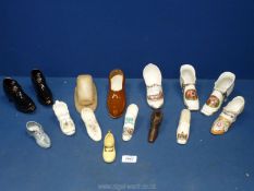 A quantity of china shoes to include Crested ware, pair of 'Welsh ladies',