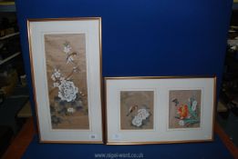 A pair of bird and floral pictures on silk, each 6 1/4'' x 7'' and another floral picture on silk,