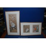 A pair of bird and floral pictures on silk, each 6 1/4'' x 7'' and another floral picture on silk,