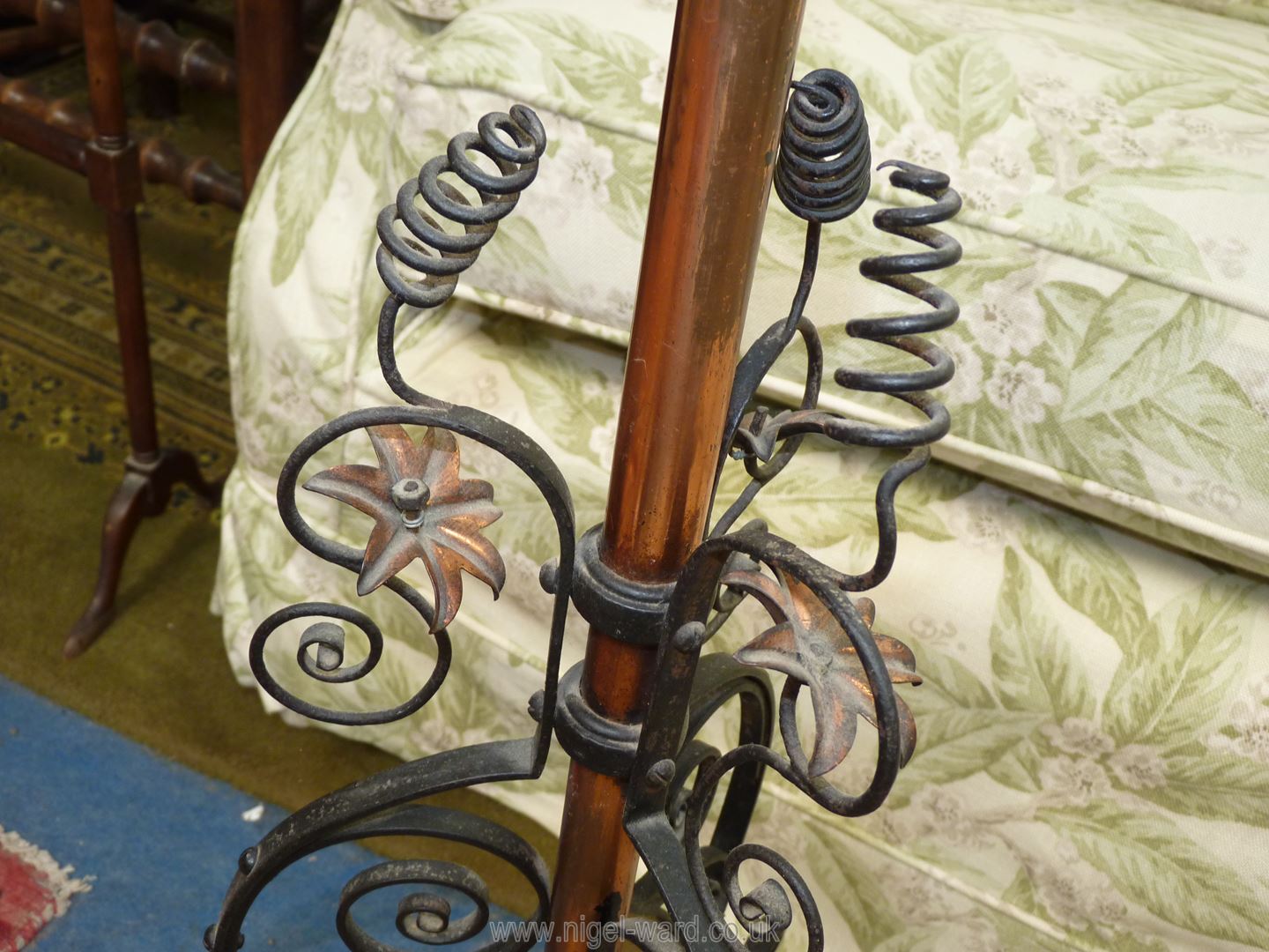 A wrought iron metal music stand with copper column, 49'' tall overall. - Image 2 of 3