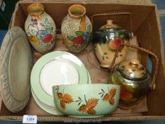 A quantity of china including a pair of multi coloured vases, green and floral bowl,