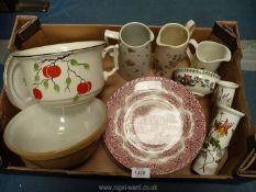 A box of mixed china including Mason and cash mixing bowl, two Portmeirion vases, Portmeirion bowl,