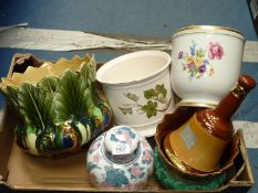 A quantity of china to include two majolica jardinieres in greens and brown,