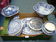 A quantity of blue and white china including meat plates, dishes, plates, most a/f.
