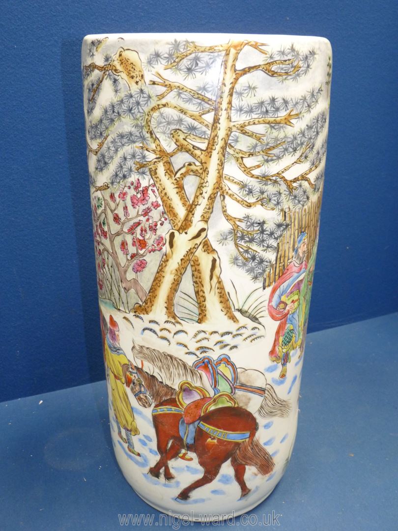 An oriental china stick stand depicting figures and horses in a winter scene, 18" tall. - Image 3 of 4