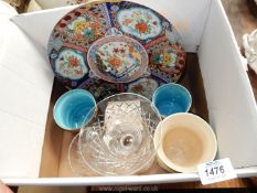 A small quantity of china including an Imari ware charger, Rumney pottery tankards,