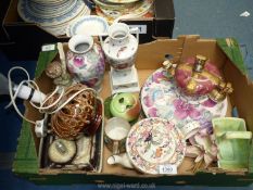 A quantity of mixed china including a lamp with brown pottery west German style base,