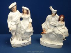 Two non-matching Staffordshire flatback figures of Courting couples in white dress, a/f.