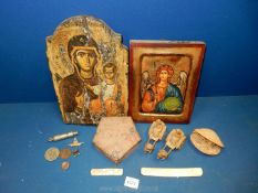 A small quantity of miscellanea including two wooden religious icon plaques,