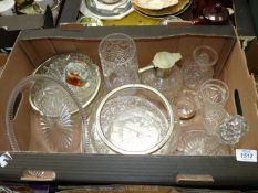 A box of glass including Caithness paperweight, cut glass, decanter, fruit bowls, etc.