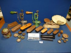 A quantity of miscellaneous to include old cream coloured weighing scales and weights, mincers,