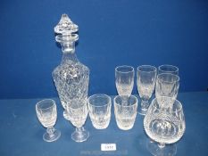 A Waterford Decanter (internal chip to rim) and two sherry glasses (a/f) plus Waterford 'Colleen'