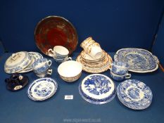 A box of miscellaneous blue and white china some Spode, including chamber stick, etc.