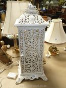 A cast metal pierced work Lantern painted in white converted to electric,10 1/2" square x 24" tall.