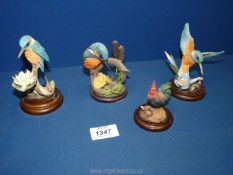 Three Country Artist kingfisher figures in various poses and a Country Artists cockerel,