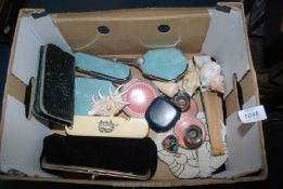 A quantity of miscellaneous including part enamel dressing table items, shells, manicure set,