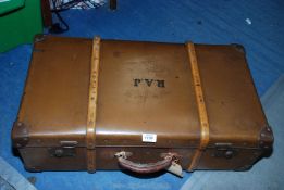 A bentwood bound suitcase with leather handle and keys, marked 'R.A.J.