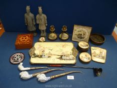 A quantity of miscellanea including two terracotta army warriors, ceramic pipes, etc.