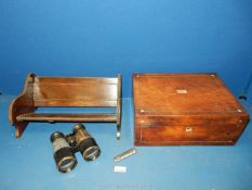 A darkwood adjustable bookshelf, jewellery box (a/f), field glasses marked WAR and a small penknife.