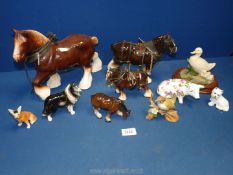 A quantity of animal figures to include Leonardo duck and ducklings (some chips,) four shire horses,