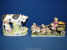 A Staffordshire pottery figure in the form of a horse drawn cart including four shire horses and