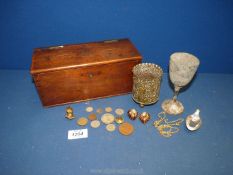 A small quantity of miscellanea including brass pot, metal goblet, coins, earrings,