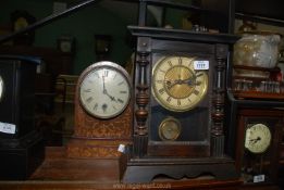 A mantle clock with pendulum and key, top a/f, 6" x 18" tall, plus another clock a/f.