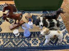 Three china dog figures including Melba, swirl pattern glass vase, etc.