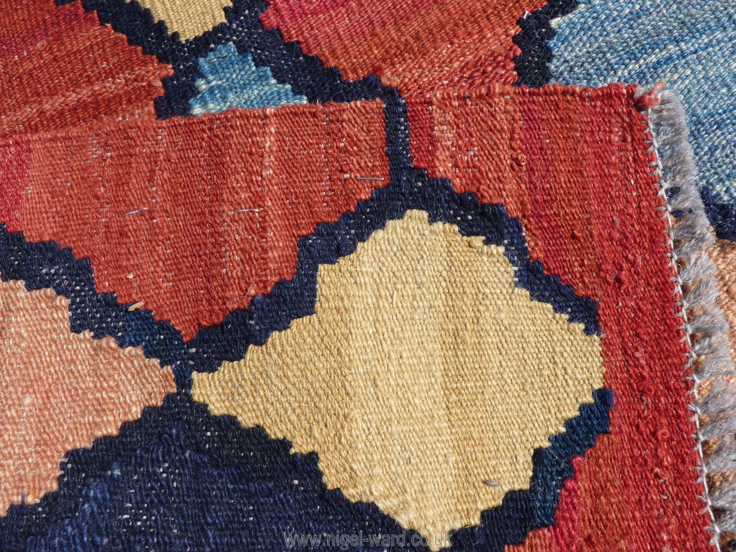 A large pure wool Afghan Chobi handmade Kilim Carpet, in orange, beige and blue geometric pattern, - Image 3 of 4