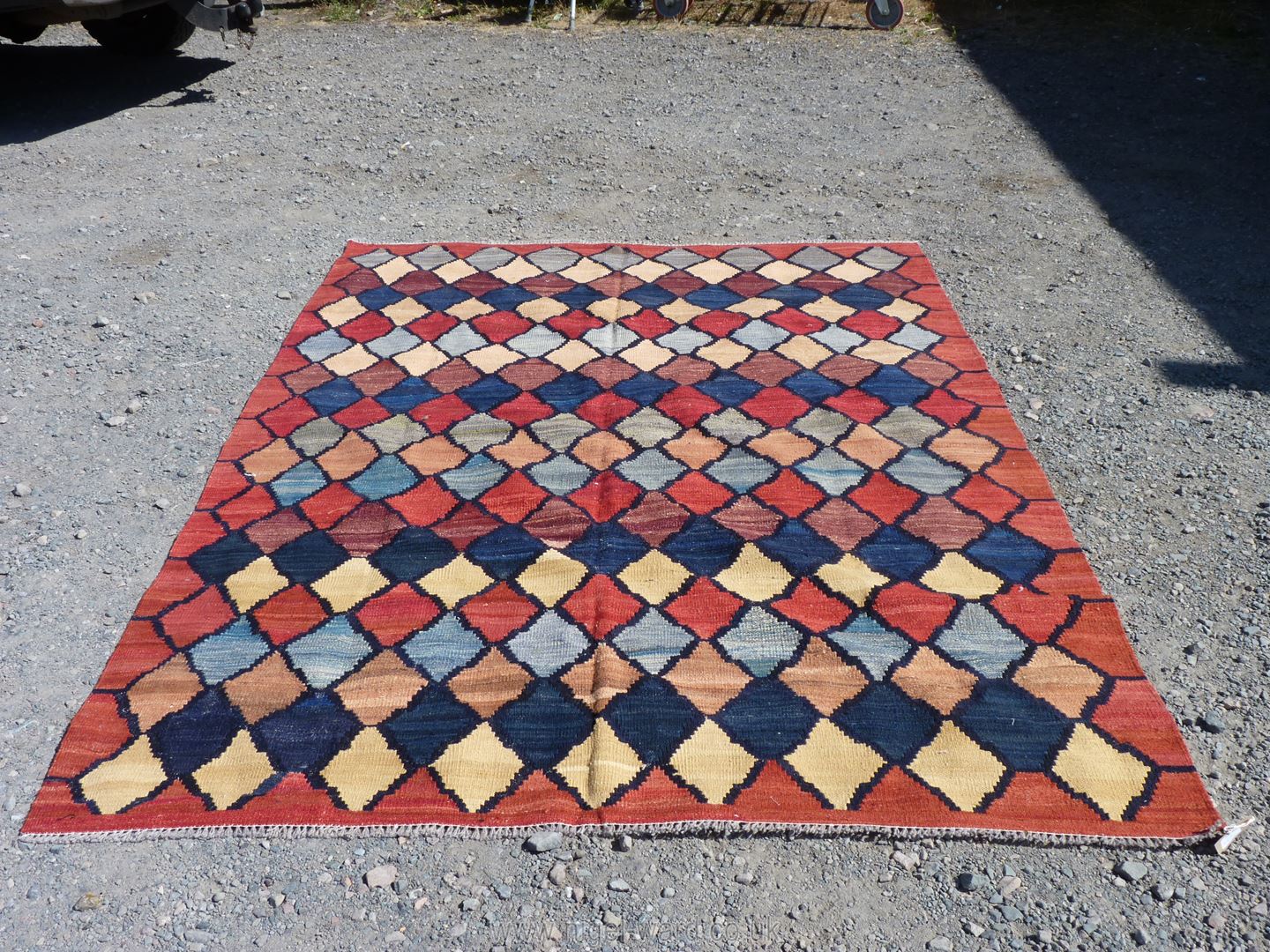 A large pure wool Afghan Chobi handmade Kilim Carpet, in orange, beige and blue geometric pattern,