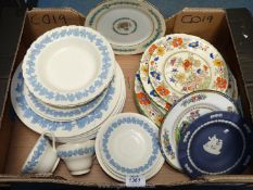 A quantity of mixed plates including a dark blue style Wedgwood jasperware plate, Spode,