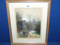 A small framed and mounted watercolour depicting a garden statue of a young woman,