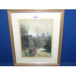 A small framed and mounted watercolour depicting a garden statue of a young woman,