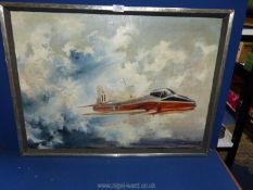 An Oil on board by M. Lees of a trainer jet in dramatic sky having contemporary 1960's/1970's frame.