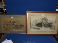 A framed and mounted charcoal drawing after Sir Edwin Landseer's The Cavalier's Pets by Doris J.