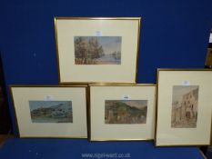 Four small framed watercolours of various continental landscapes, no visible signature.