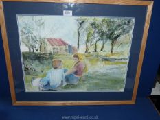 A pine framed and mounted mixed media Painting depicting two figures sat on grass with a barn and
