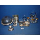 A quantity of EPNS items including egg cup stand with spoons,