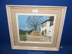 An Oil of house with hills in the background, unsigned.