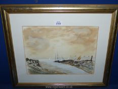 A framed and mounted watercolour depicting an estuary scene with moored boats and birds,
