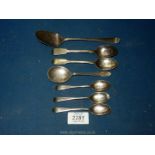 Seven silver spoons including three teaspoons marked Sheffield 1909, jam spoon Sheffield 1962,