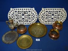 Two metal pot stands, miscellaneous copper and brass, a tray, etc.