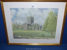 A framed and mounted coloured charcoal Drawing depicting Tewkesbury Abbey (possibly),